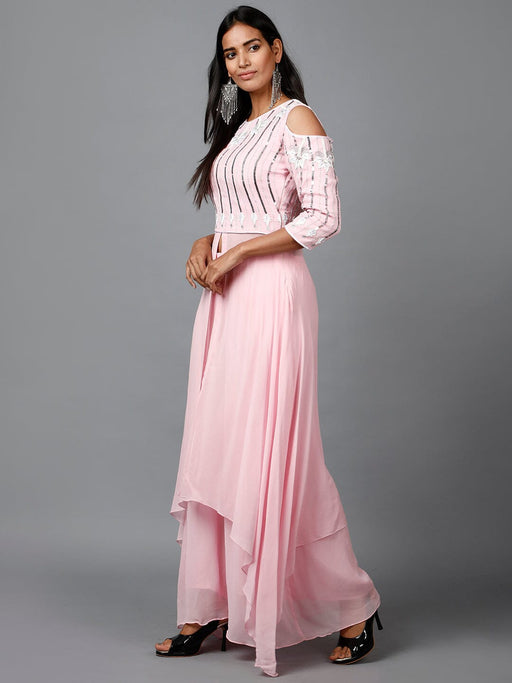 Light Pink Embroidered Kurta in Cold shoulder and Pallazo Ruchi Fashion M 