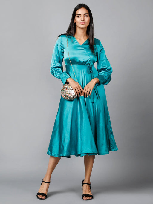 Women's Empire Line with Cuff Satin Wrap Dress Green Clothing Ruchi Fashion XS 
