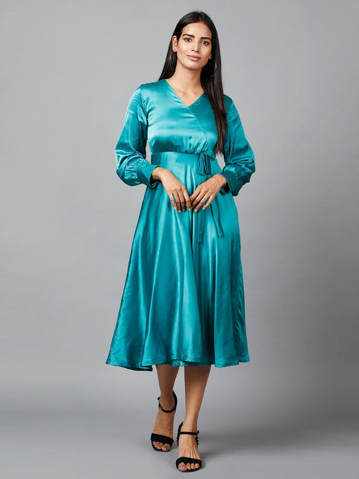 Women's Empire Line with Cuff Satin Wrap Dress Green Clothing Ruchi Fashion S 