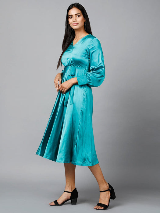 Women's Empire Line with Cuff Satin Wrap Dress Green Clothing Ruchi Fashion L 