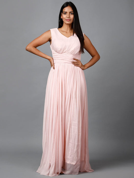 Women's Sleeveless V- Neck Draped Light Pink Chiffon Evening Maxi Gown Clothing Ruchi Fashion XS 