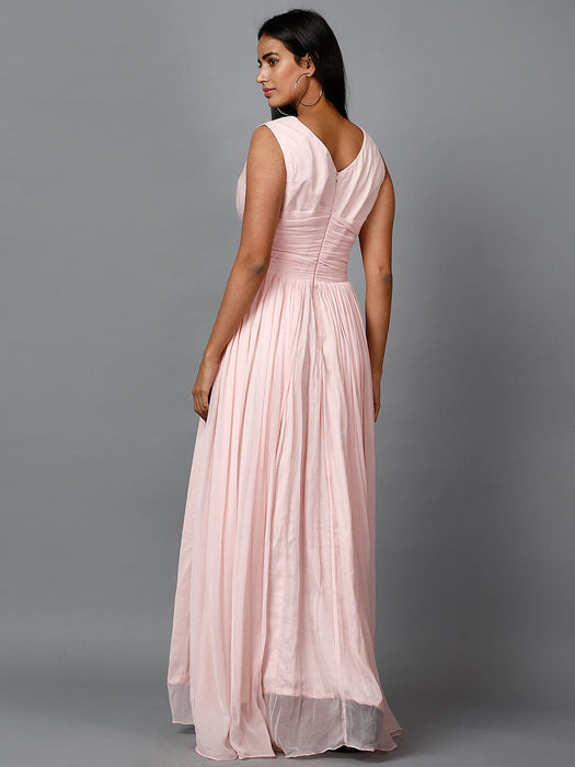 Women's Sleeveless V- Neck Draped Light Pink Chiffon Evening Maxi Gown Clothing Ruchi Fashion L 