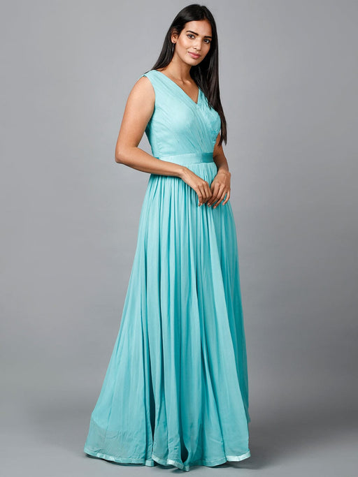 Women's Pleats Drape Georgette Party/ Evening Gown in Blue Clothing Ruchi Fashion S 