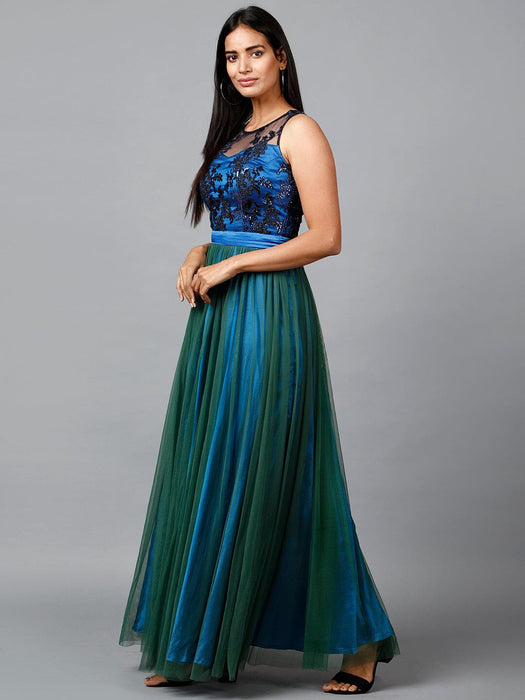 Blue Green Net Gown Clothing Ruchi Fashion L 