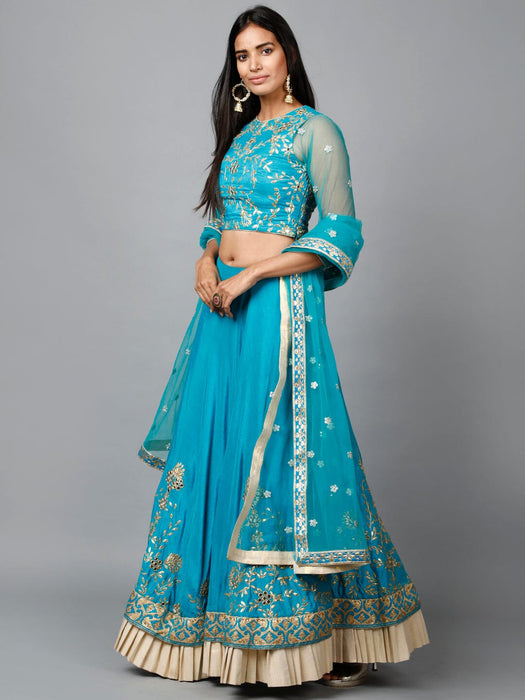 Turquose Blue Gota Patti Lehenga, Choli and Dupatta set Clothing Ruchi Fashion L 