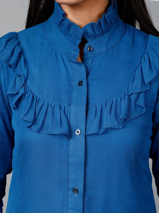 Blue Shirt with Ruffle Yoke and Cuff Clothing Ruchi Fashion XXL 