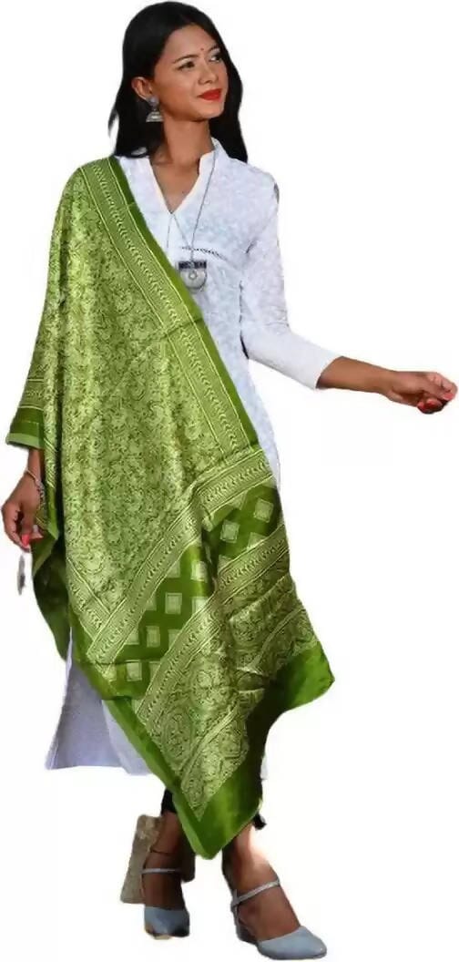 TAVAN Pure Silk Printed Women Dupatta(Parrot Green) Prijam Store 