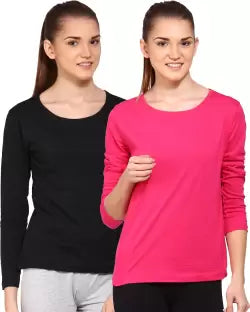 Ap'pulse Solid Women Round Neck Black, Dark Pink T-Shirt (Pack of 2) T SHIRT sandeep anand 