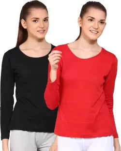 Ap'pulse Solid Women Round Neck Red, Black T-Shirt (Pack of 2) T SHIRT sandeep anand 