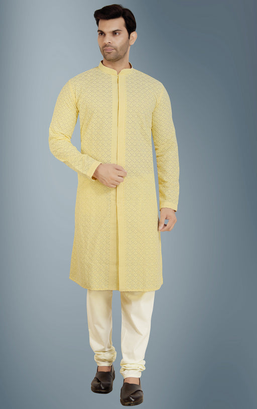 Yellow Kurta Pyjama Bottom Style Churidar With Chikanakri Emb Front Open Style Apparel & Accessories Roopkashish 