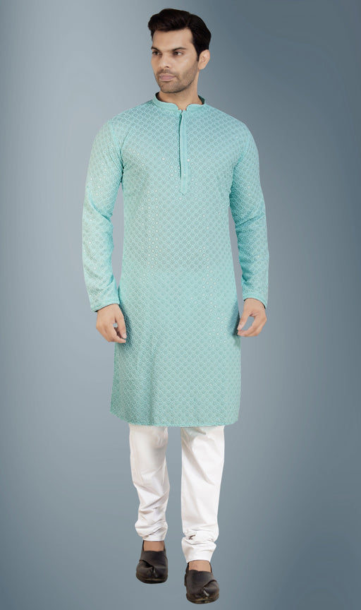 Light Aqua Blue Kurta Pyjama Bottom Style Churidar With Sequeins Embroidery Apparel & Accessories Roopkashish 