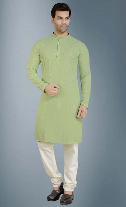 Pista Green Kurta Pyjama Bottom Style Churidar With Sequeins Embroidery Apparel & Accessories Roopkashish 