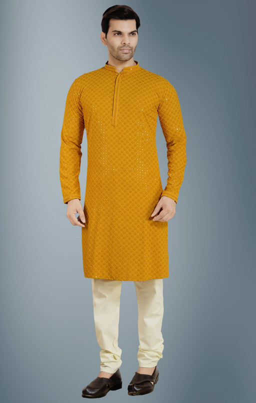 Mustard Yellow Kurta Pyjama Bottom Style Churidar With Sequeins Embroidery Apparel & Accessories Roopkashish 