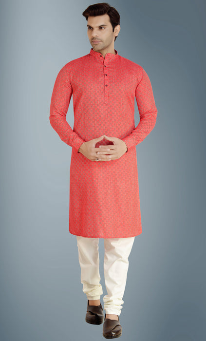 Red Kurta Pyjama Bottom Style Churidar With Weaving Cube Effect Apparel & Accessories Roopkashish 