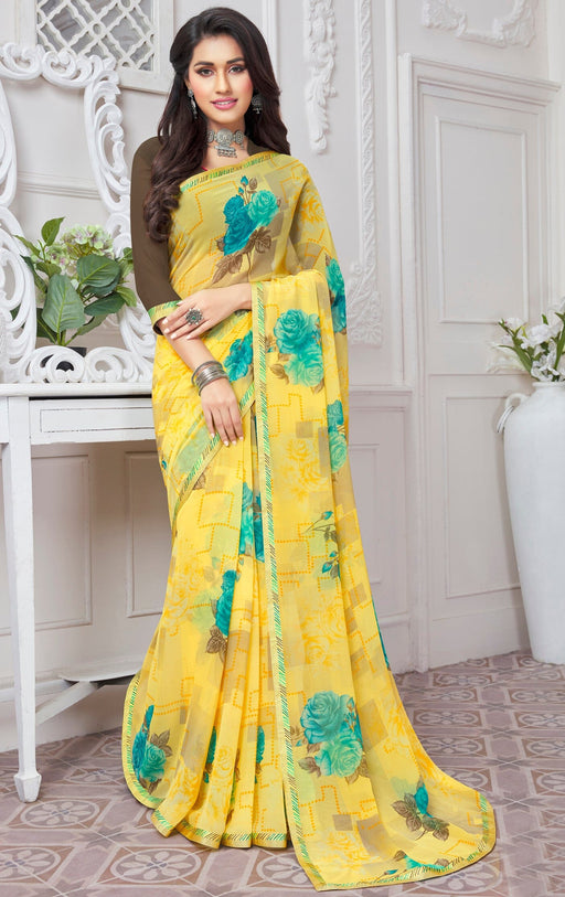Exclusive Party Wear Digital Yellow Colour Georgette Printed Saree With Border And Blouse Material. Apparel & Accessories Roopkashish 