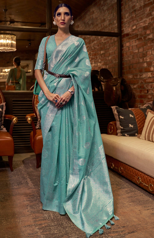 Awesome Designer Party Wear Blue Color Silver Zari Woven Linen Saree And Blue Color Blouse Material. Apparel & Accessories Roopkashish 