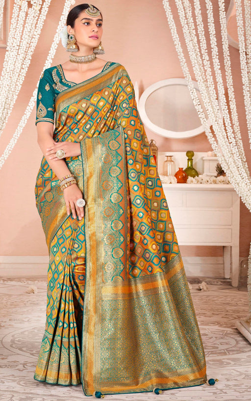Traditional Designer Party Wear Multicolour Soft Silk Weaving Saree With Teal Embroidery Double Blouse Material Roopkashish 