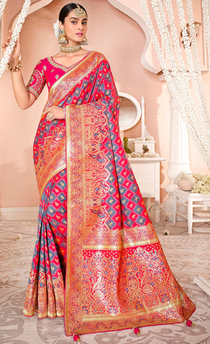 Traditional Designer Party Wear Multicolour Soft Silk Weaving Saree With Pink Embroidery Double Blouse Material Roopkashish 