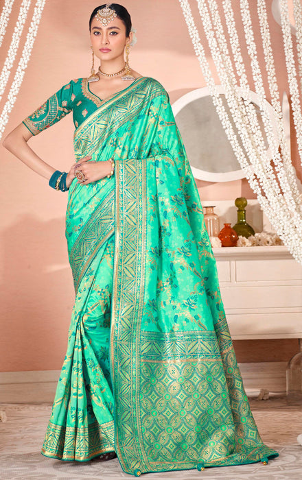 Traditional Designer Party Wear Multicolour Soft Silk Weaving Saree With Turquoise Embroidery Double Blouse Material Roopkashish 