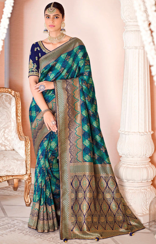 Traditional Designer Party Wear Multicolour Soft Silk Weaving Saree With Blue Embroidery Double Blouse Material Roopkashish 