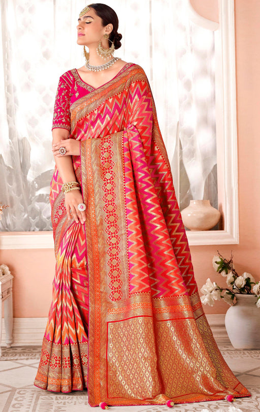 Traditional Designer Party Wear Multicolour Soft Silk Weaving Saree And Magenta Embroidery Double Blouse Material Roopkashish 