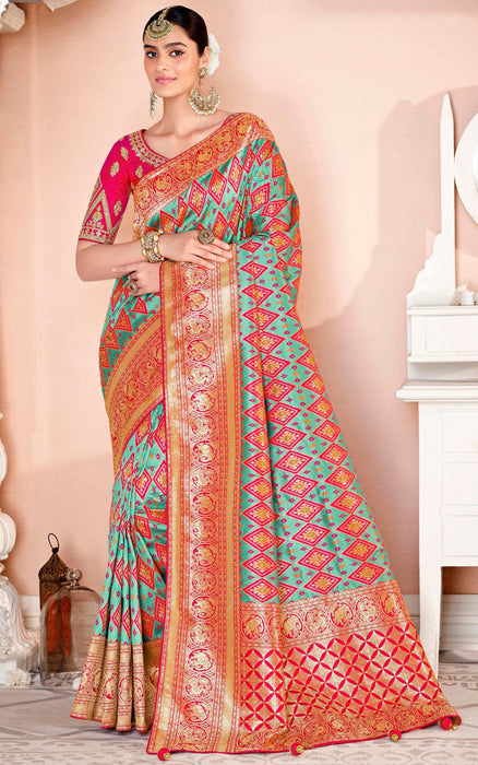 Traditional Designer Party Wear Multicolour Soft Silk Weaving Saree With Embroidery Pink Double Blouse Material Roopkashish 