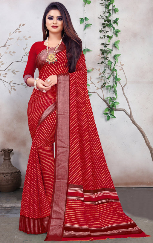 Designer Party Wear Red Georgette Printed Saree With Zari Border And Red Blouse Material Roopkashish 
