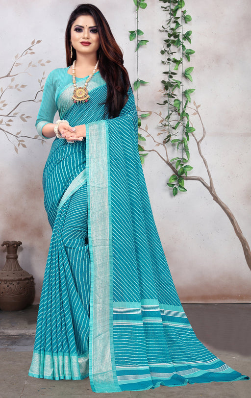 Designer Party Wear Turquoise Georgette Printed Saree With Zari Border And Turquoise Blouse Material Roopkashish 