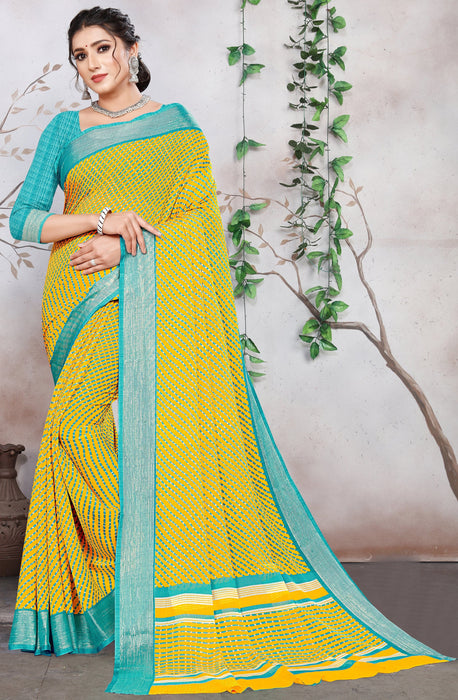 Designer Party Wear Yellow Georgette Printed Saree With Zari Border And Turquoise Blouse Material Roopkashish 