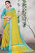Designer Party Wear Yellow Georgette Printed Saree With Zari Border And Turquoise Blouse Material Roopkashish 