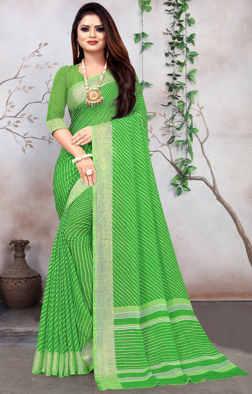 Designer Party Wear Georgette Printed Green Saree With Zari Border With Green Blouse Material Roopkashish 