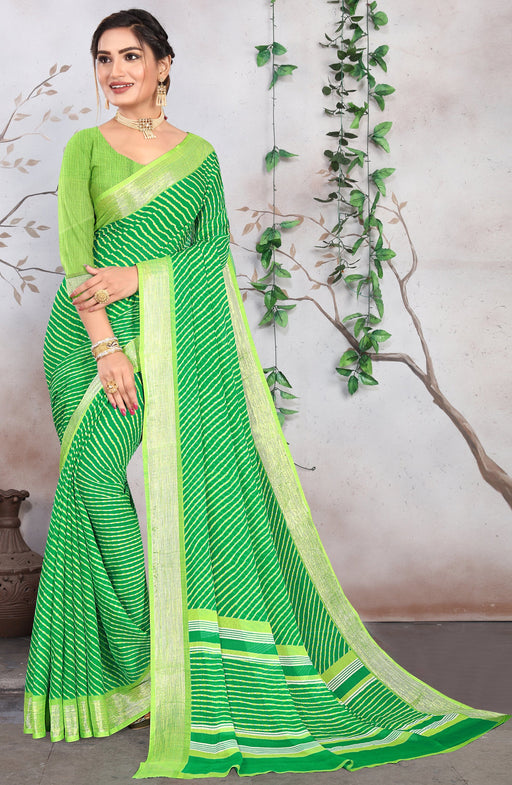 Designer Party Wear Green Georgette Printed Saree With Zari Border And Gren Blouse Material Roopkashish 