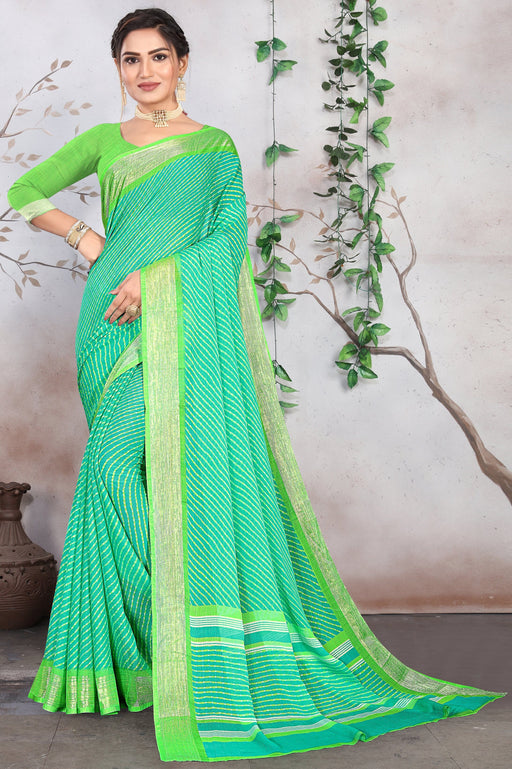 Designer Party Wear Turquoise Georgette Printed Saree With Zari Border And Green Blouse Material Roopkashish 