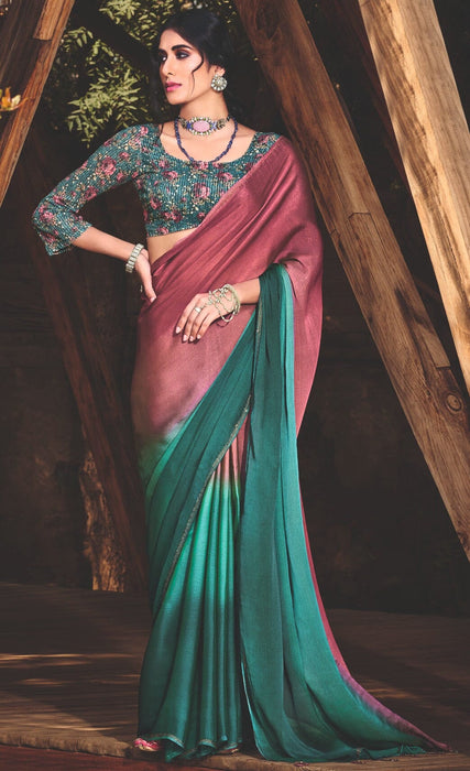 Designer Party Wear Multicolour Chiffon Saree With Stone Work And Sequance Work Teal Chiffon Blouse Material Roopkashish 