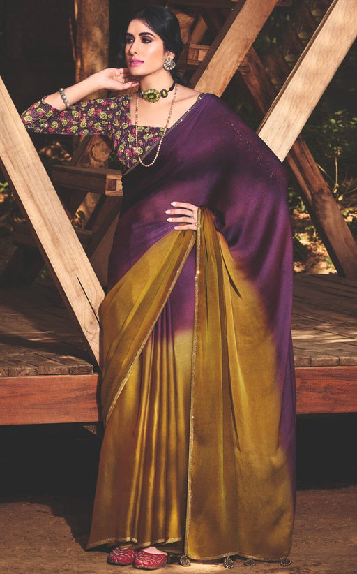 Designer Party Wear Purple,Golden Chiffon Saree With Stone Work And Sequance Work Purple Chiffon Blouse Material Roopkashish 