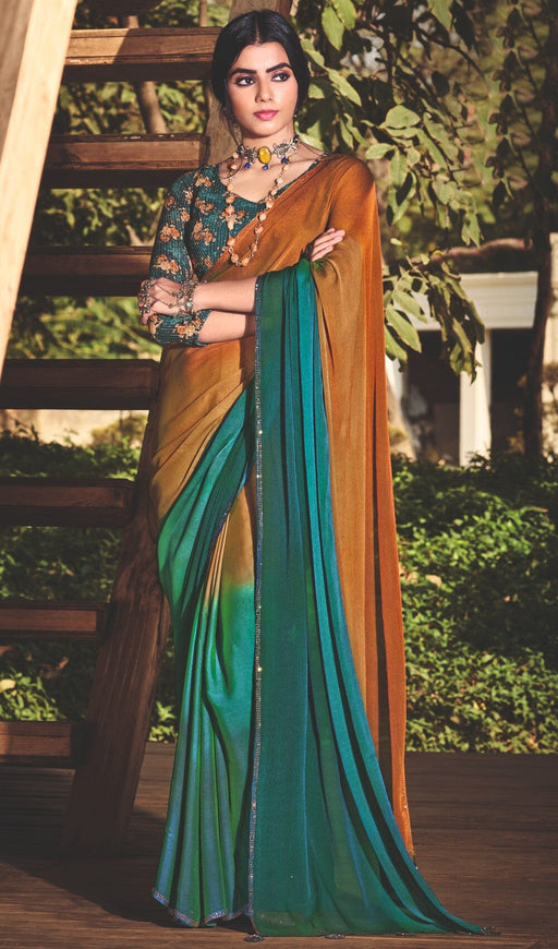 Designer Party Wear Multicolour Chiffon Saree With Stone Work And Sequance Work Chiffon Green Blouse Material Roopkashish 