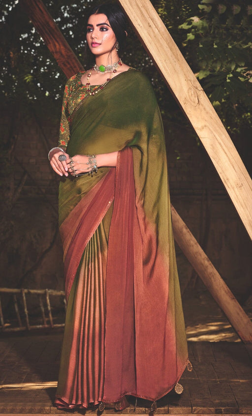 Designer Party Wear Green Chiffon Saree With Stone Work And Sequance Work Green Chiffon Blouse Material Roopkashish 