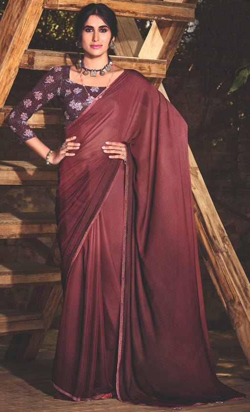 Designer Party Wear Wine Chiffon Saree With Stone Work And Wine Sequance Work Chiffon Blouse Material Roopkashish 