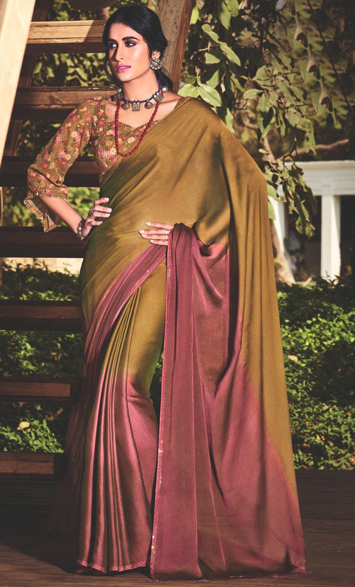 Designer Party Wear Mehandi Chiffon Saree With Stone Work And Sequance Mehandhi Work Chiffon Blouse Material Roopkashish 