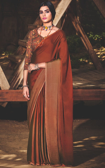 Designer Party Wear Brown Chiffon Saree With Stone Work And Brown Sequance Work Chiffon Blouse Material Roopkashish 