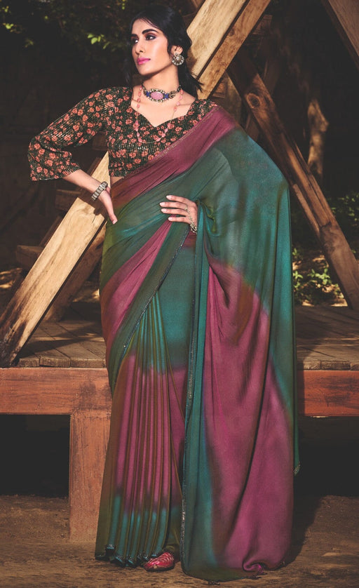 Designer Party Wear Multicolour Chiffon Saree With Stone Work And Green Sequance Work Chiffon Blouse Material Roopkashish 