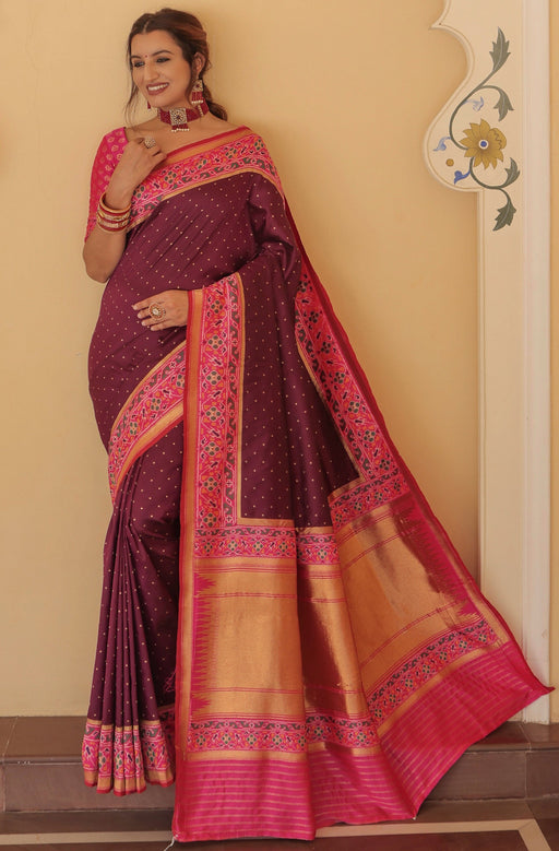 Designer Party Wear Diamond Work Brown Color Patola Silk Saree With Pink Color Weaving, Zari Work Border Stripe Pallu And Weaving Blouse Material Apparel & Accessories Roopkashish 