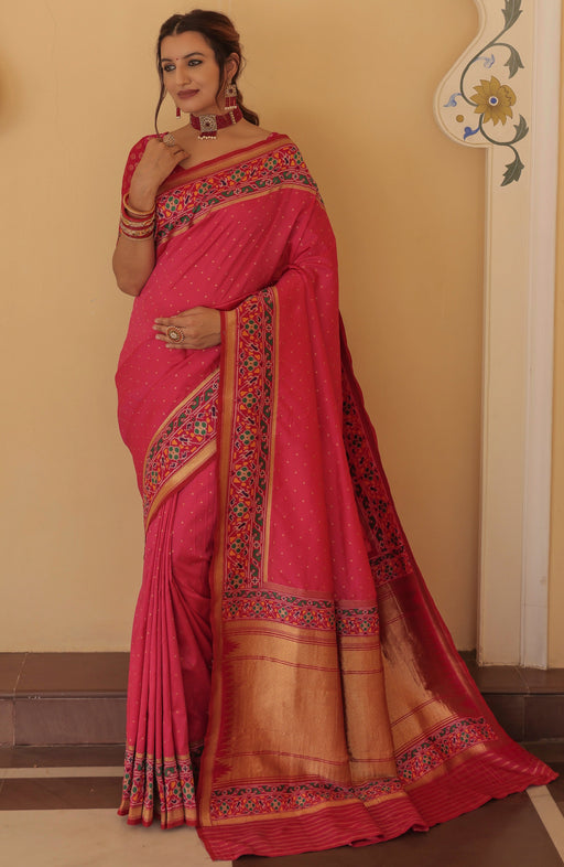 Designer Party Wear Diamond Work Pink Color Patola Silk Saree With Weaving, Zari Work Border Stripe Pallu And Red Color Weaving Blouse Material Apparel & Accessories Roopkashish 
