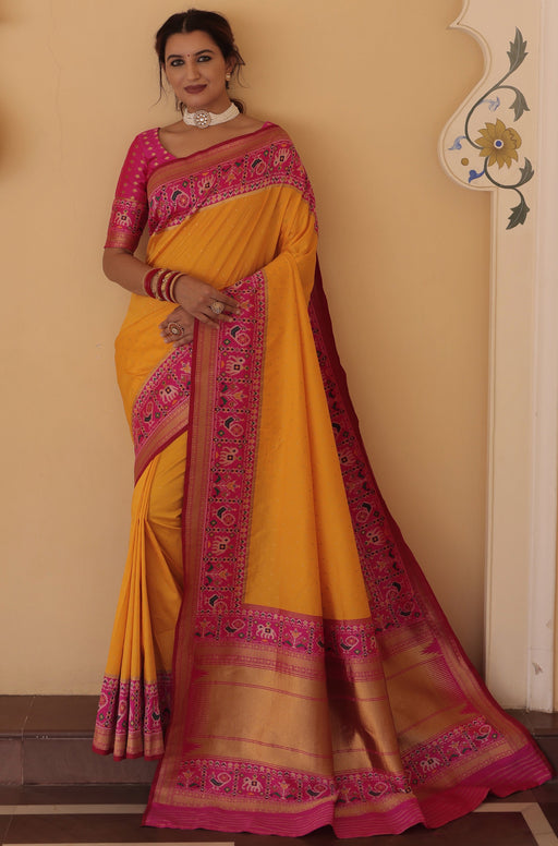 Designer Party Wear Diamond Work Yellow Color Patola Silk Saree With Weaving, Zari Work Border Stripe Pallu And Pink Color Weaving Blouse Material Apparel & Accessories Roopkashish 