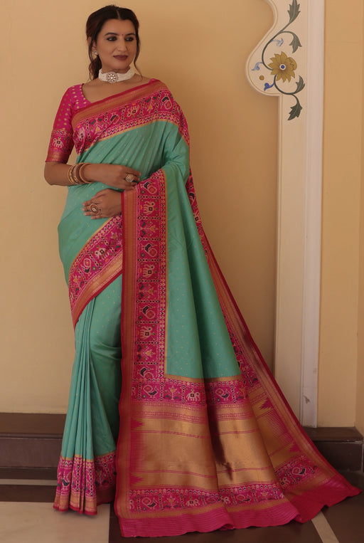 Designer Party Wear Diamond Work Turquoise Color Patola Silk Saree With Weaving, Zari Work Border Stripe Pallu With Pink Color Weaving Blouse Material Apparel & Accessories Roopkashish 
