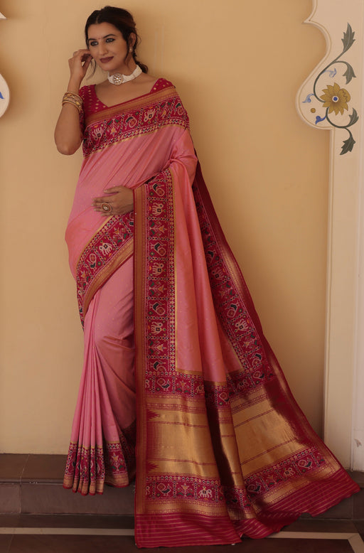 Designer Party Wear Diamond Work Peach Color Patola Silk Saree With Weaving, Zari Work Border Stripe Pallu With Pink Color Weaving Blouse Material Apparel & Accessories Roopkashish 