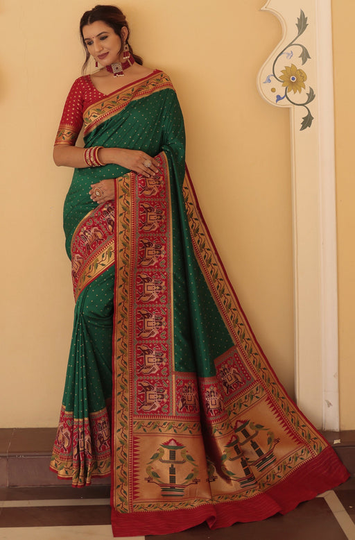 Designer Party Wear Green Color Diamond Work Patola Silk Saree With Weaving, Zari Work Border Stripe Pallu With Red Color Weaving Blouse Material Apparel & Accessories Roopkashish 