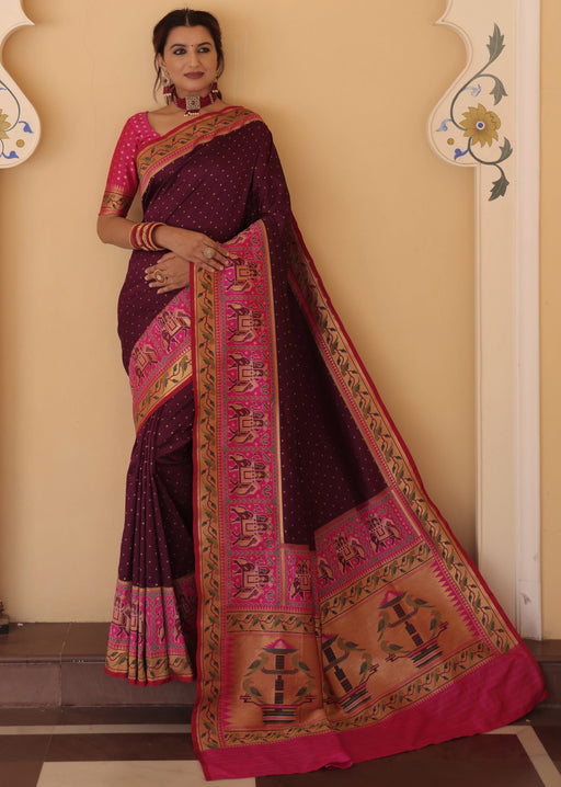 Designer Party Wear Brown Color Diamond Work Patola Silk Saree With Weaving, Zari Work Border Stripe Pallu With Pink Color Weaving Blouse Material Apparel & Accessories Roopkashish 