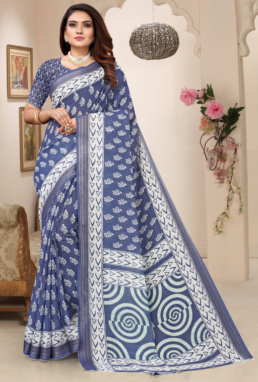 Pure Linen Silver Zari Border Saree With Digital Print And Blouse Material. Apparel & Accessories Roopkashish 