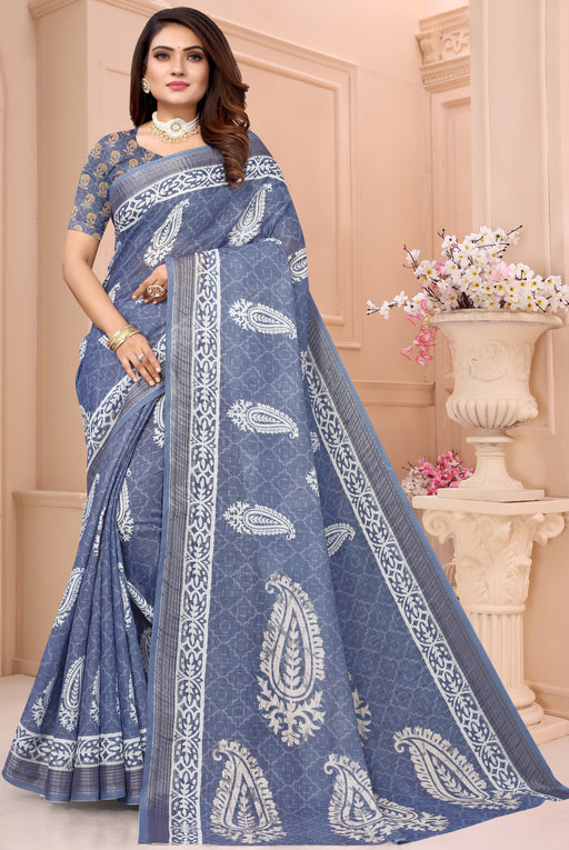 Pure Linen Silver Zari Border Saree With Digital Print And Blouse Material. Apparel & Accessories Roopkashish 